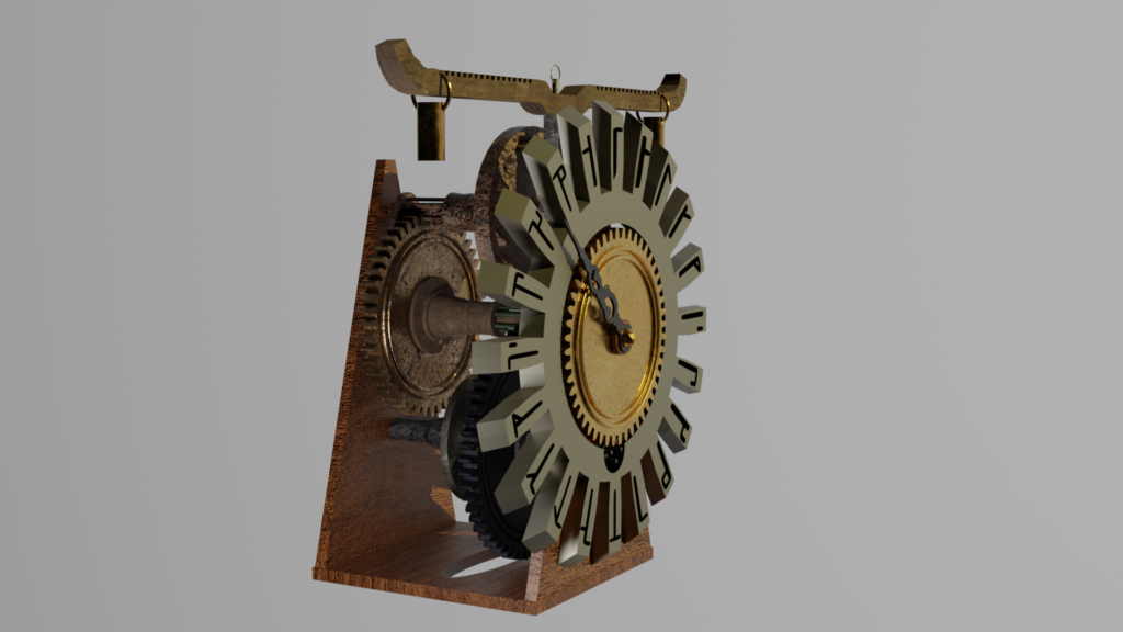 3D model of a clockwork device. It resembles a clock with only one hand, except that there are 20 numbers from the Cistertian numeral system rather than Arabic numbers.