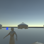 3D model mostly devoid of any color.  In the foreground is a human figure.  In the background are some buildings and a blue cylinder.  The sky appears to be dawn or dusk.