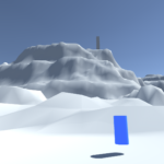A 3D model almost devoid of color.  In the background is a stepped mountain-like terrain with a tower on top.  In the foreground is a blue cylinder floating a little bit above the ground.