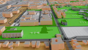 A view of the 3D neighborhood model featuring a couple of the mixed-use apartment buildings with retail, and the two blocks of office park or strip mall.