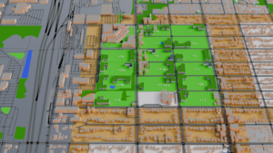 The village 3D model with 17 of 18 blocks covered in green space and higher density mixed-use buildings. The last block is the school showing 136 of 400 possible students enrolled.