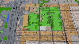 Computer generated 3D model of the area showing buildings and parking removed from much of the northwestern part of the farm band around the village. It is marked with a golden yellow-brown color similar to that of mature wheat.