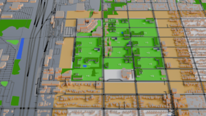 3D render of the village with just the southwestern block of the farm band with houses on it. The blocks in the village proper are all labeled +0 to show they are at capacity except for one labeled +4.