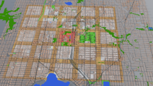 An aerial view of the city. The previously shown village blocks indicated in green next to one in red (the town center), at the center of a 5x5 grid of villages surrounded by farm bands.