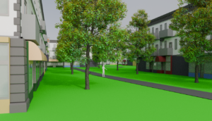 3D model from street-level view. There are more buildings in view than the previous image, but the path and trees still give it a city-park feel.