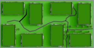 A top view of a 2x1 ratio city block with 8 buildings. Each half of the block has four buildings arranged in a kind of pinwheel formation, and the ground between has pleasantly meandering paths like a park.