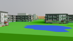 Street-level view of 3D model. It includes wide open space in grass green and some forest green, a pond, and dotted with several buildings of 3 and 4 stories. 