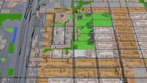 The 3D model of the village. Some blocks have the original houses, others have apartment buildings at the edges, one has no buildings at all. Blocks that have had the houses removed show a population number: positive if there's extra room and negative if there are people on the block who still need housing.
