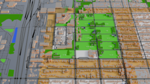 The village model with the green consolidation complete. Each block is about 1/3 building and 2/3 green space, with the exception of two blocks worth of more strip-mall buildings on the west side.