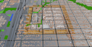 A 3D map of the Northgate area of Seattle, east of North Seattle College and south of Northgate Mall. A larger area of land is marked in a golden color, and a smaller area in the center is marked in white. The white square covers 18 blocks.