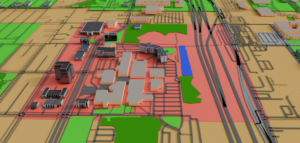 Model of the town center with existing North Seattle College buildings in tan, and additional buildings both on and off campus in a square region of 625 meters on a side.