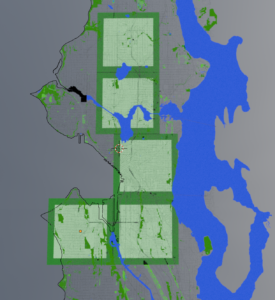 Map of Seattle with five squares superimposed. There are two in north Seattle, a downtown square, a SODO square, and a West Seattle square.